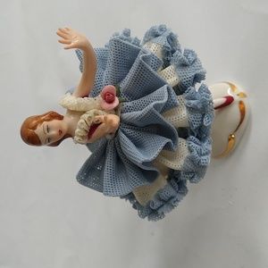 Vintage Dresden Lace Lady Figurine Ballerina Dancer Blue White Porcelain